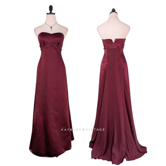 Vintage Prom Dress Maxi Gown 2 Red Y2K Princess Gothic Aline Strapless Bead - Picture 1 of 10